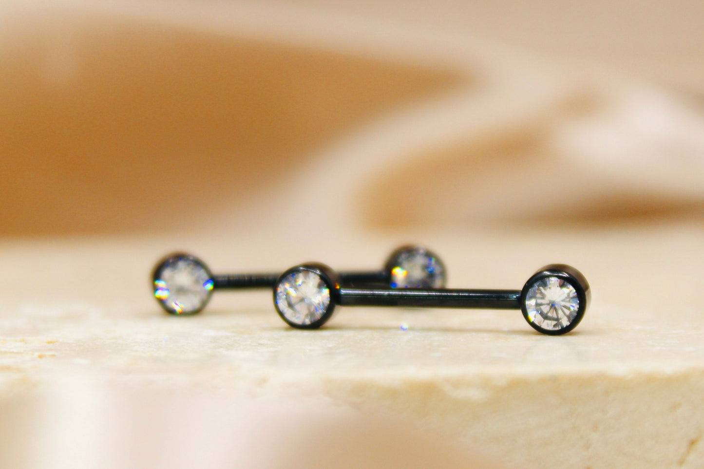 Internally Threaded Titanium Nipple Barbell, Bezel Set Flat Sparkle Gem Black Titanium Nipple Ring Jewelry