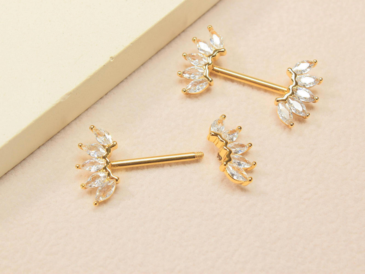 Gold Marquise Nipple Barbell, 14G Floral Petal Leaf Nipple Ring Jewelry, Pair of Leaf Nipple Piercing Jewelry, Gold Body Piercing Jewelry