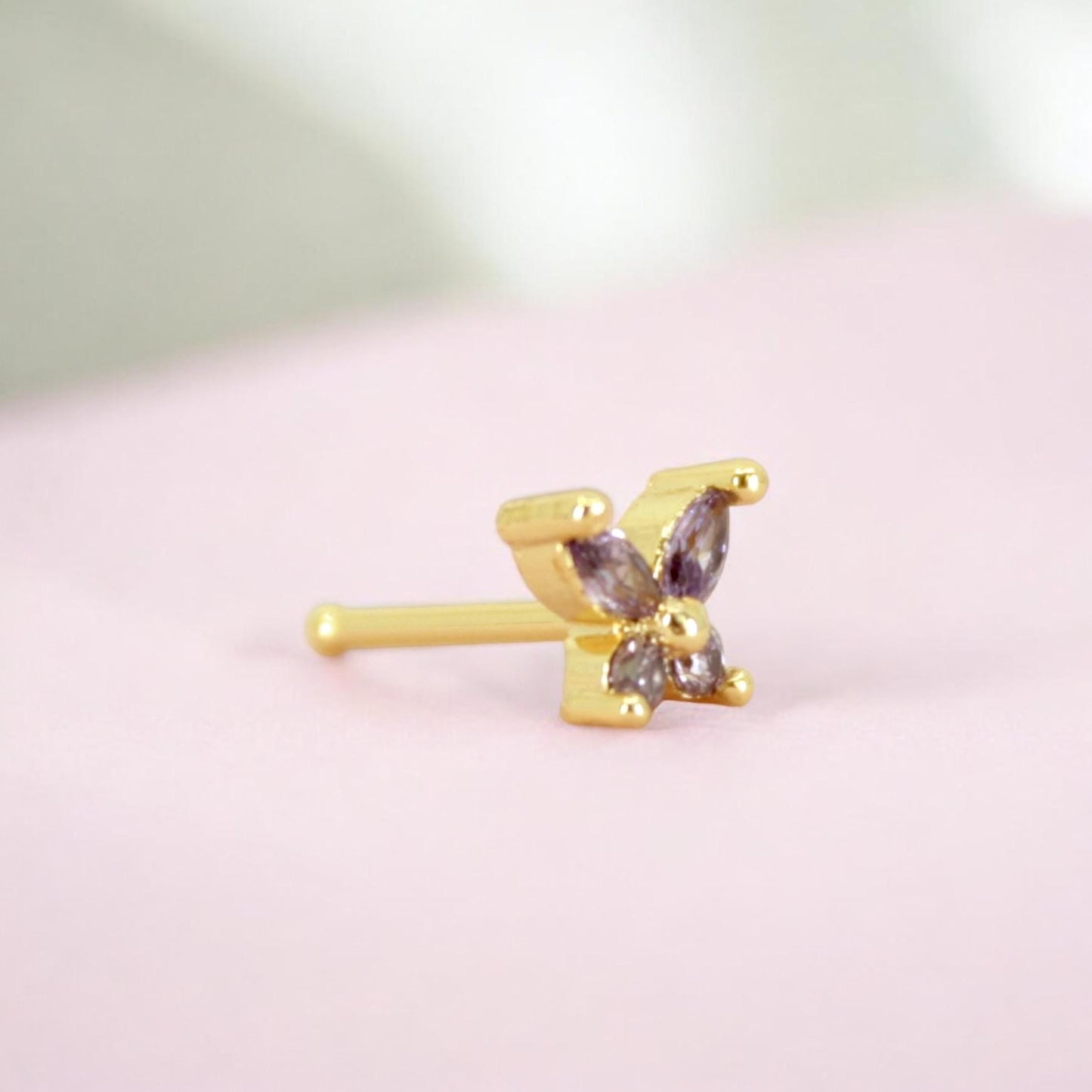 Dainty Butterfly Nose Stud, Purple Gemstone Nose Stud Ring, 20g Nose Piercing Jewelry, Gold Nose Hoop Stud Ring