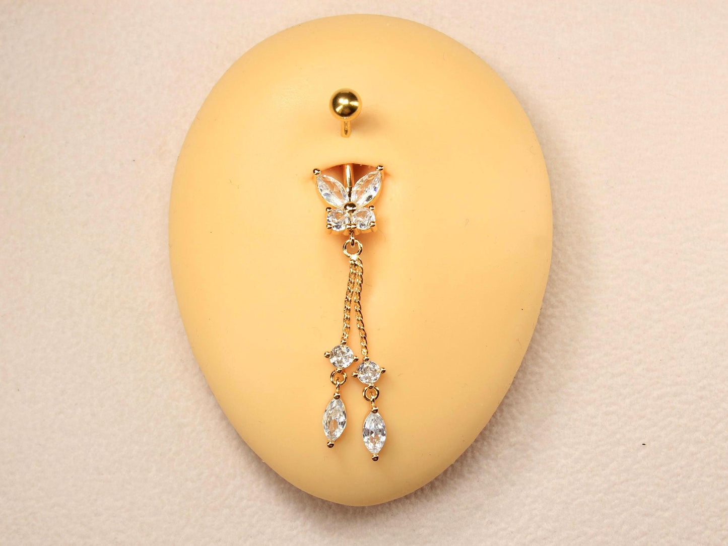 Gold Butterfly Dangling Belly Button Ring – 14G CZ Chain Navel Piercing Jewelry