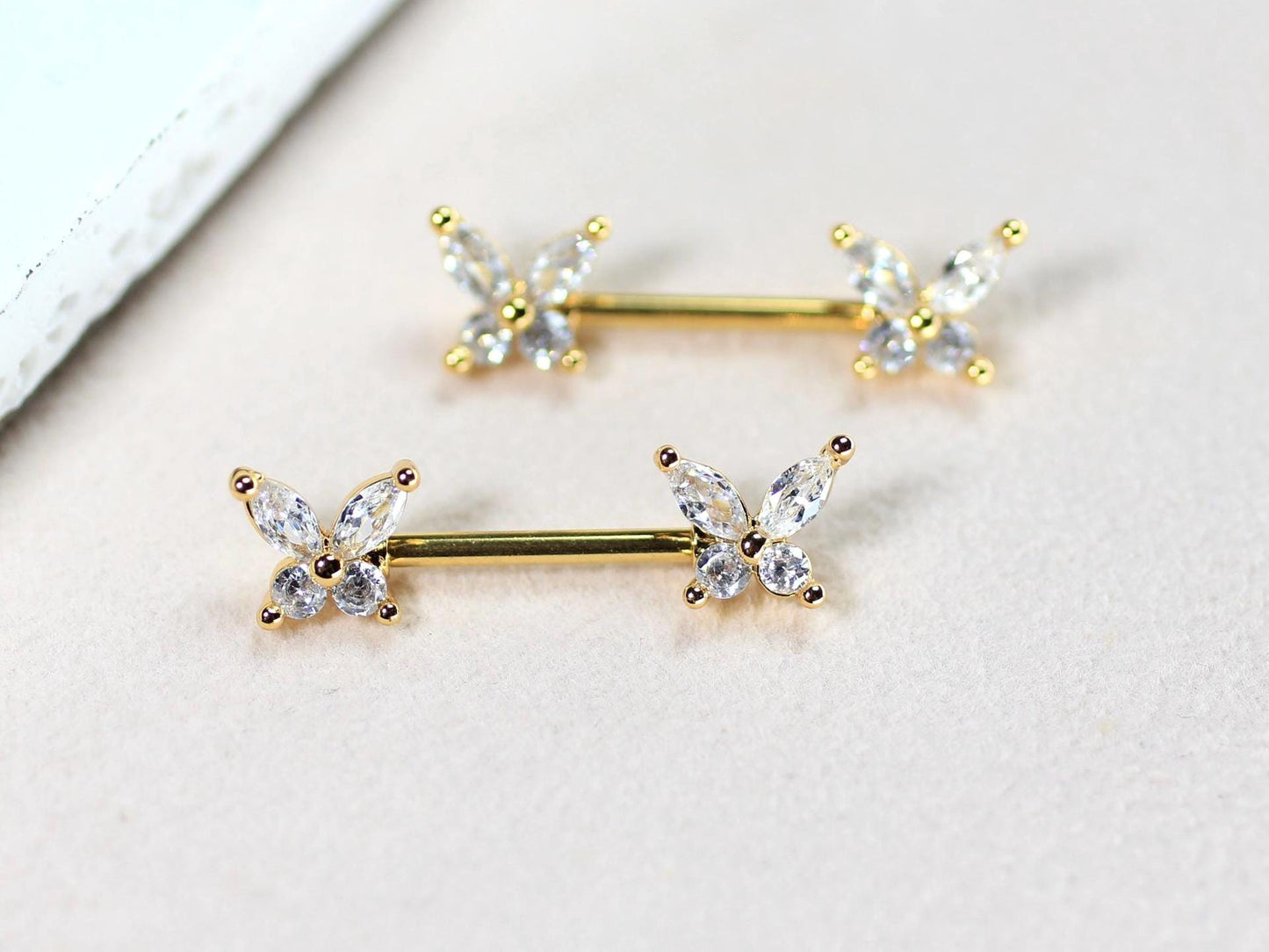 Gold Butterfly Nipple Ring, Marquise Gem Butterfly Nipple Piercing Barbell, 14g Gold Nipple Ring, Surgical Steel Body Jewelry