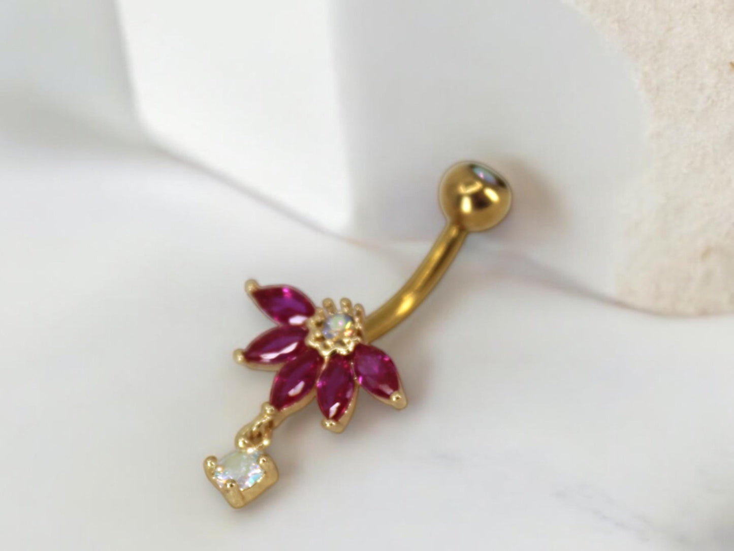 New • Floral Dangling Belly Button Ring, 14g Dainty Petal Decor Pink Marquise Gemstone Belly Ring Piercing Jewelry, Gold Navel Piercing