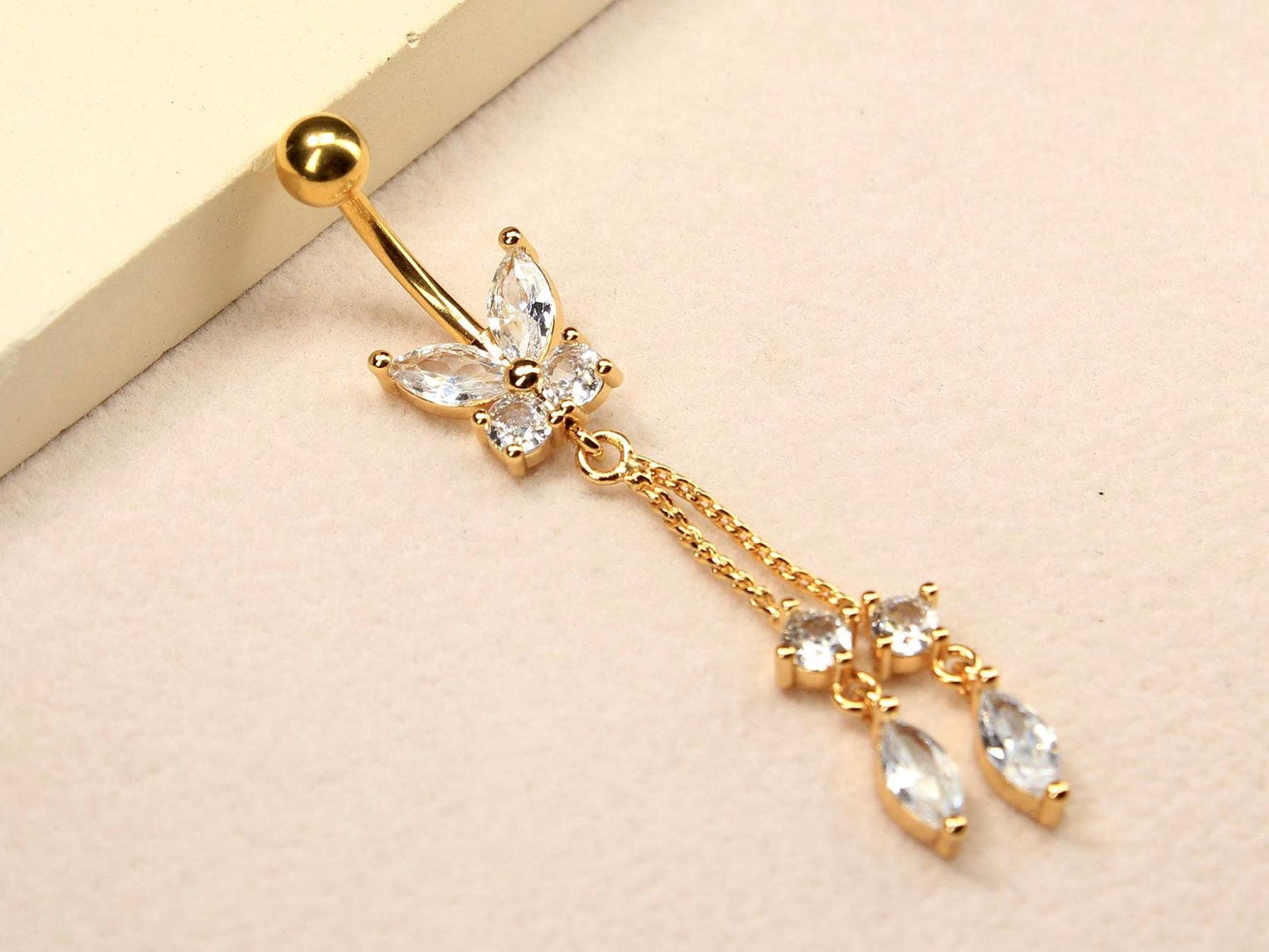 Gold Butterfly Dangling Belly Button Ring – 14G CZ Chain Navel Piercing Jewelry