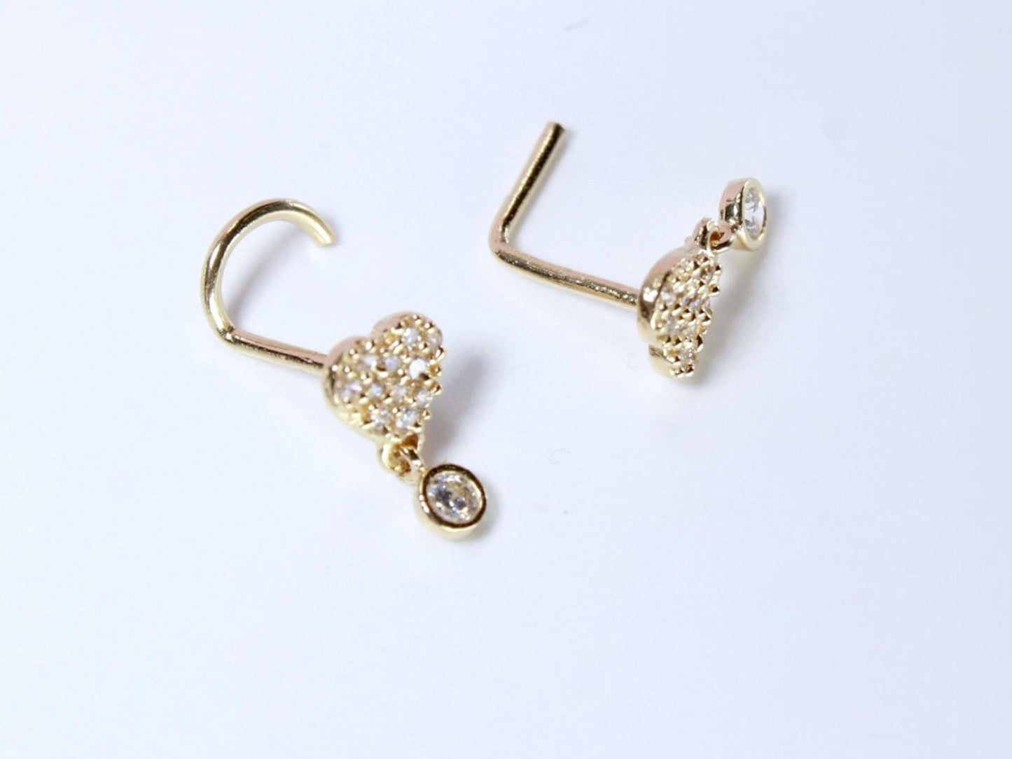 14K Gold Heart Nose Stud, 20g Dainty Dangling Heart L Shape Corkscrew Nose Stud, Gold Nose Jewelry, L Bend Screw Nose Piercing Ring Jewelry