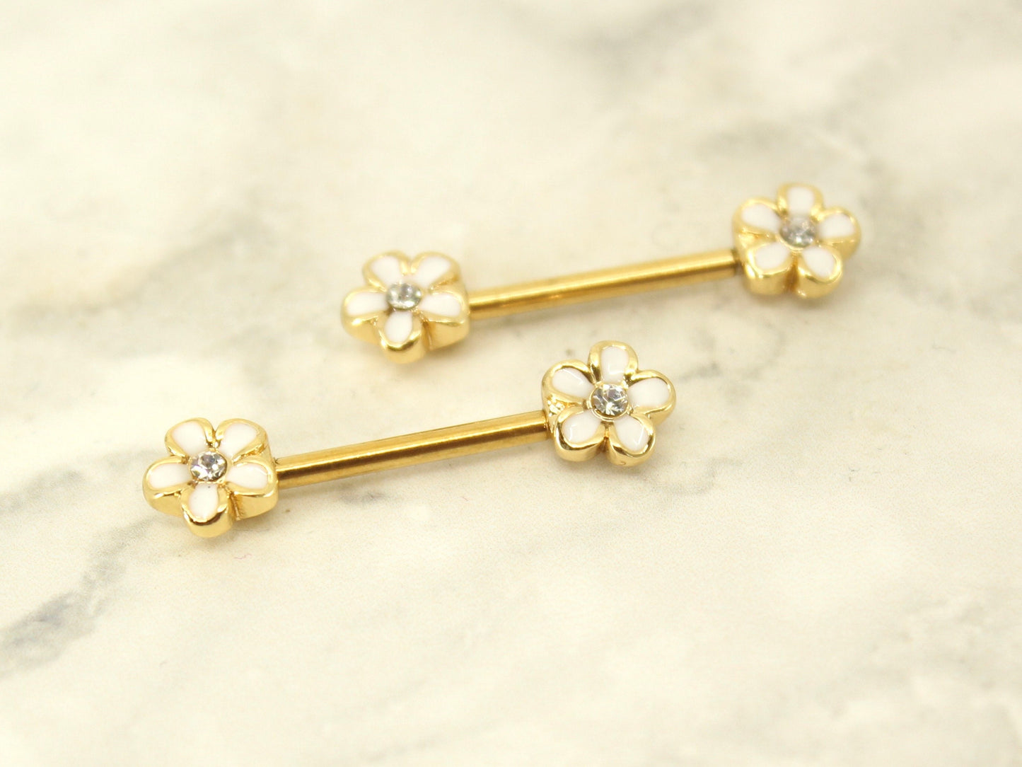 Daisy Nipple Ring, White Daisy Floral Decor Nipple Piercing Ring, 14g Gold Nipple Piercing Jewelry Barbell
