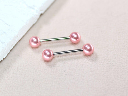 14g Pink Pearl Nipple Barbell, Cute Minimalist Pearl Ball End Nipple Ring Piercing, Custom Body Jewelry.