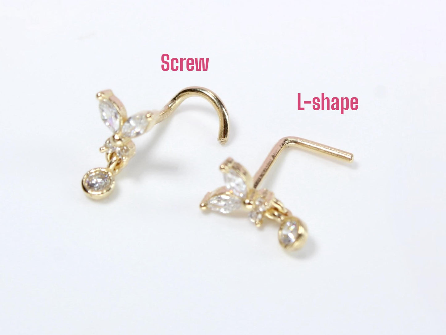 14K Gold Butterfly Nose Stud,20g Dainty Dangling Gem L Shape Corkscrew Nose Stud,Solid Gold Nose Jewelry,L Bend Screw NosePiercing Stud Ring