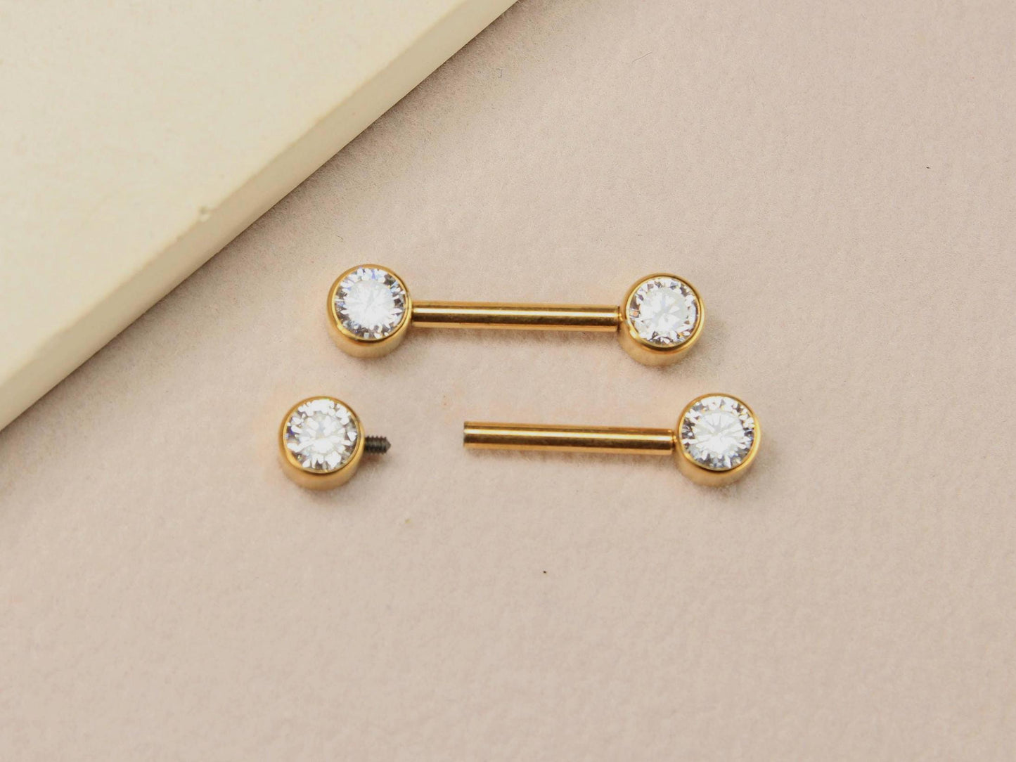 14g Titanium Nipple Barbell, Internally Threaded Gold Bezel Set Nipple Piercing Ring, Pair of Nipple Body Piercing Jewelry