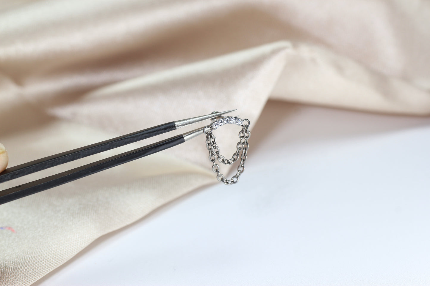 14G Silver Gem Industrial Barbell with Dainty Chain – 38mm Sparkling Gold Industrial Piercing