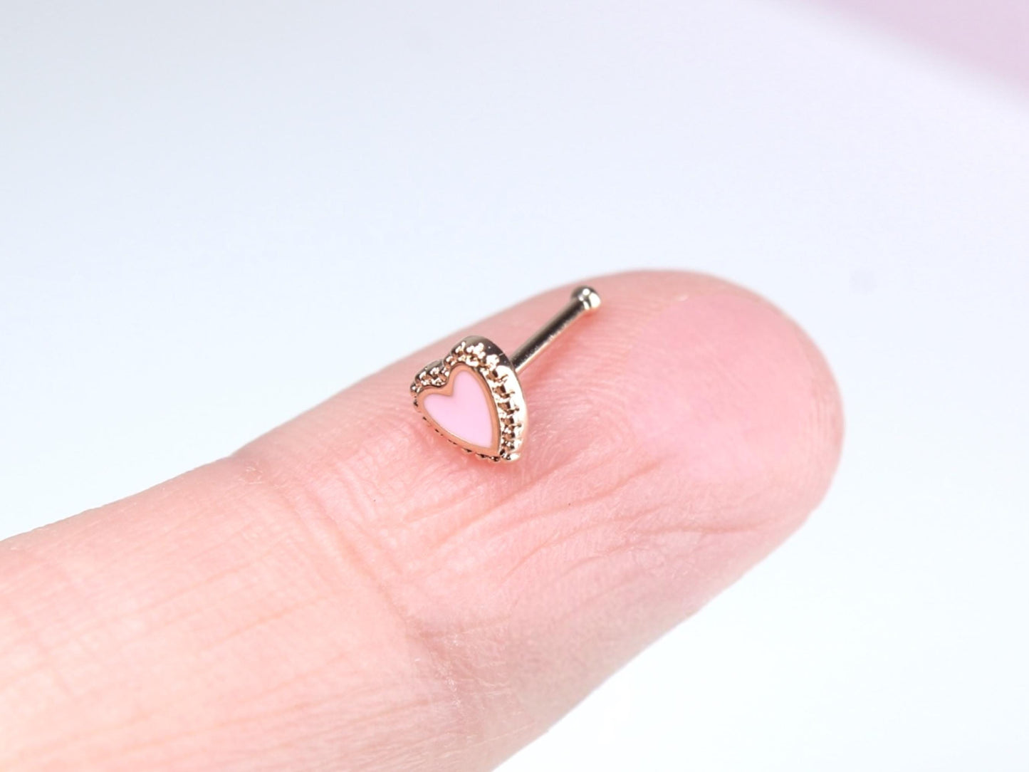 20g Heart Nose Stud, Pink Heart Nose Bone Stud, Ball End Nose Piercing Stud, Thin Nose Stud, Gold Nose Ring, Hypoallergenic Jewelry