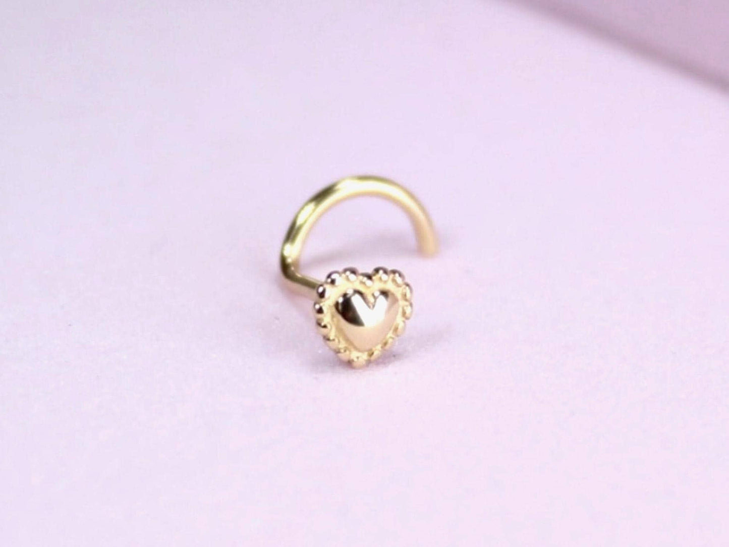 14K Solid Gold Heart Nose Stud, 20g Beaded Heart Corkscrew Piercing, Dainty Gold S Bar Nose Jewelry, Minimalist Nose Piercing Ring Jewelry