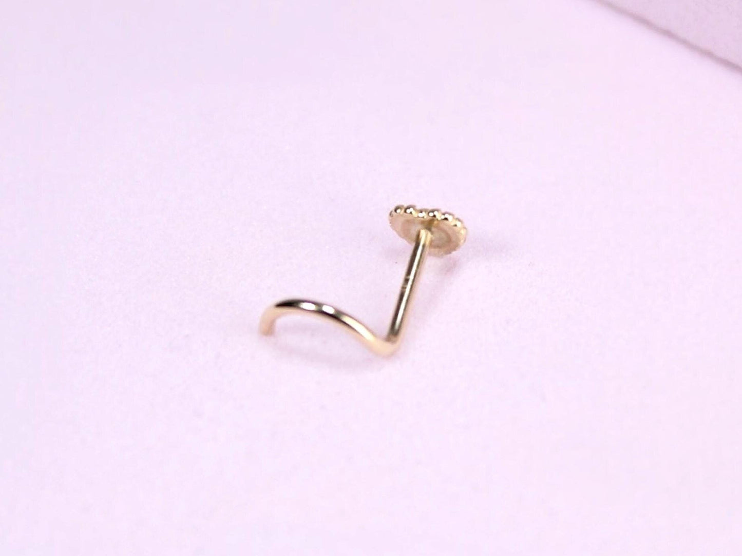14K Solid Gold Heart Nose Stud, 20g Beaded Heart Corkscrew Piercing, Dainty Gold S Bar Nose Jewelry, Minimalist Nose Piercing Ring Jewelry