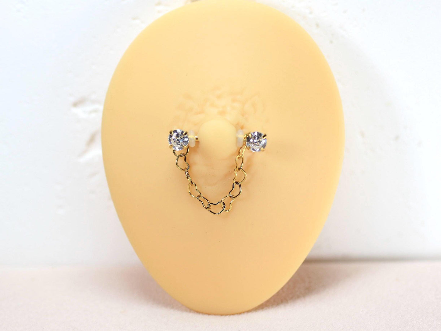 14g Gold Nipple Barbell, Dangling Heart Chain CZ Prong Nipple Piercing, Minimalist Piercing, Surgical Steel Body Jewelry.