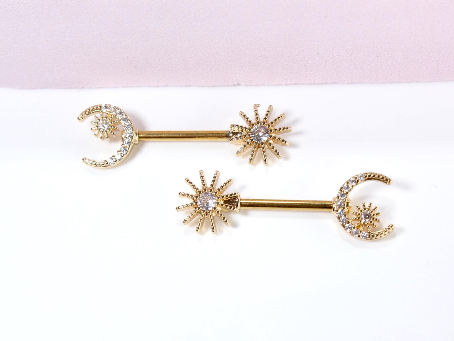 Gold Crescent Moon Nipple Ring, 14g Sparkle Gem Crescent Moon & Sun Nipple Piercing Barbell, Nipple Piercing Jewelry