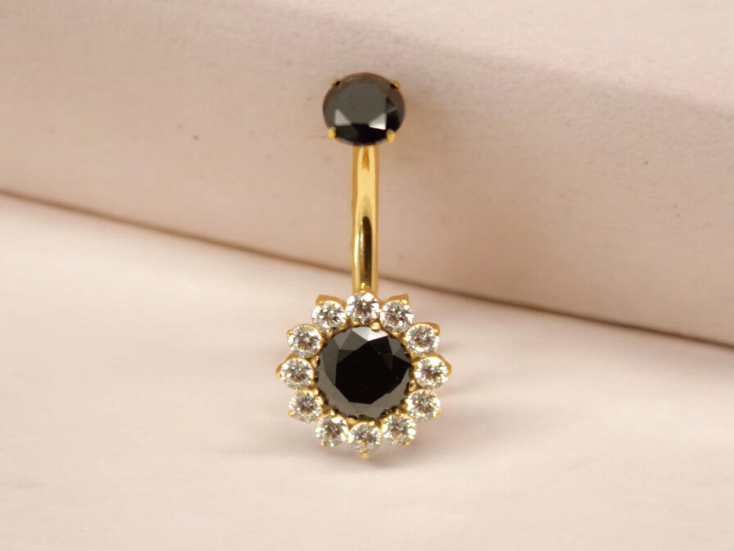 Black Dainty Floral Belly Button Ring, 14g Titanium Black Gold Crystal Gemstone Belly Button Ring Piercing Jewelry, Navel Piercing.
