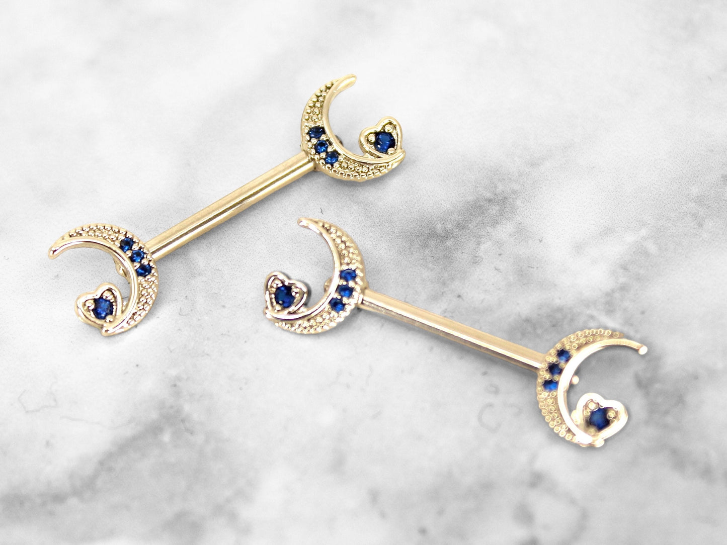 Crescent Moon Nipple Ring, Blue Sapphire Gem Crescent Moon & Heart Nipple Piercing Jewelry Barbell, 14g Nipple Ring Body Jewelry