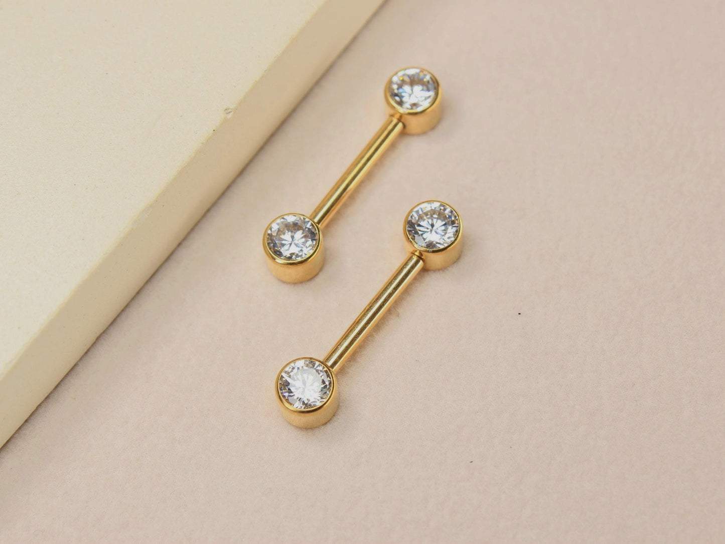 14g Titanium Nipple Barbell, Internally Threaded Gold Bezel Set Nipple Piercing Ring, Pair of Nipple Body Piercing Jewelry