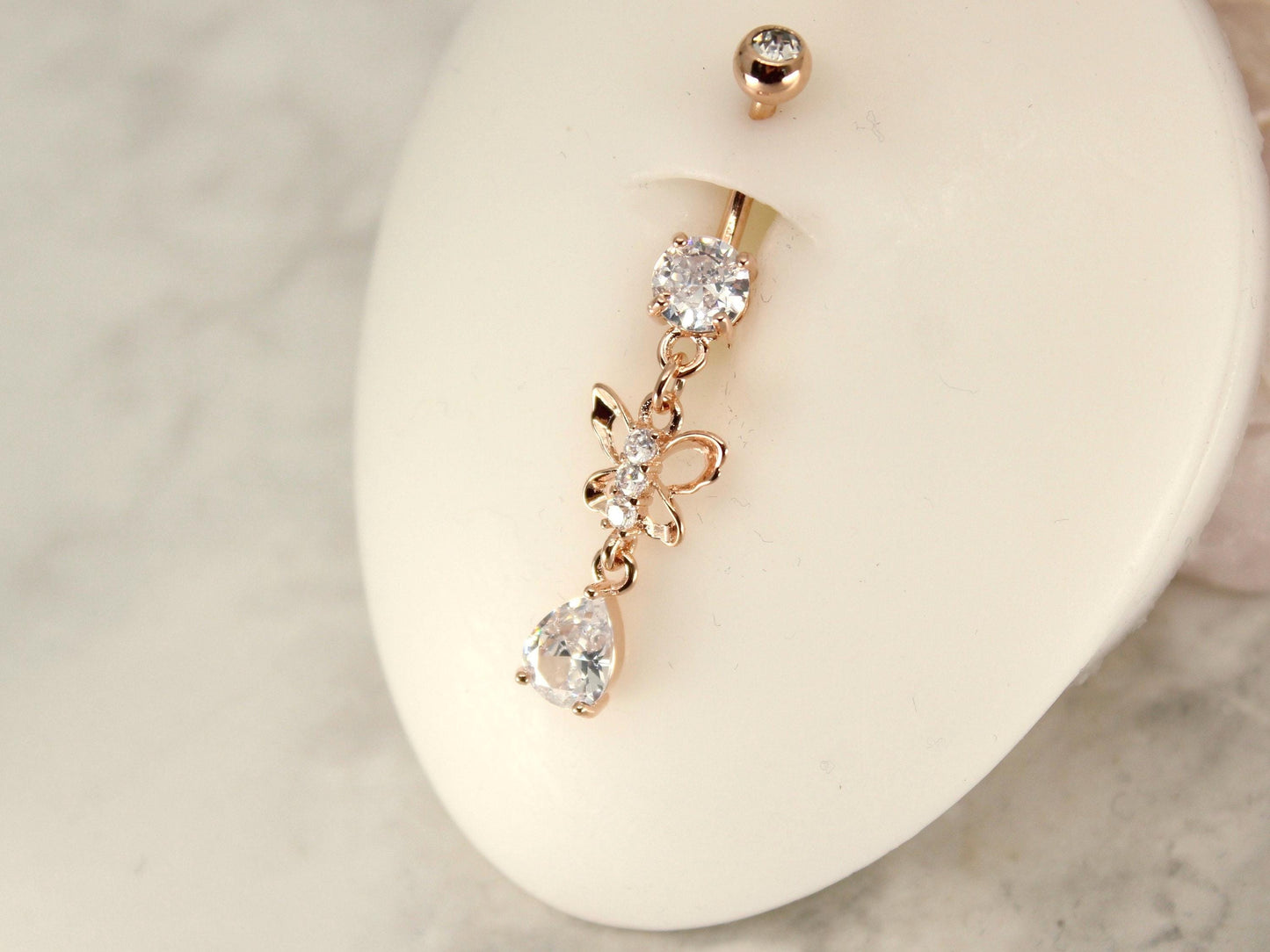 Butterfly Dangling Belly Ring, Teardrop Sparkle Dangling Belly Button Ring Piercing, Navel Piercing Ring Body Jewelry, Gold Belly Jewelry