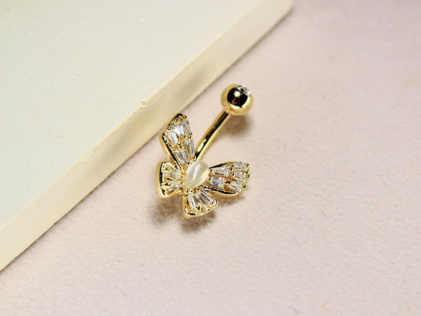 Gold Butterfly Belly Ring, 14G Dainty Belly Piercing, Baguette Gem Decor Navel Body Jewelry, Floating Belly Ring