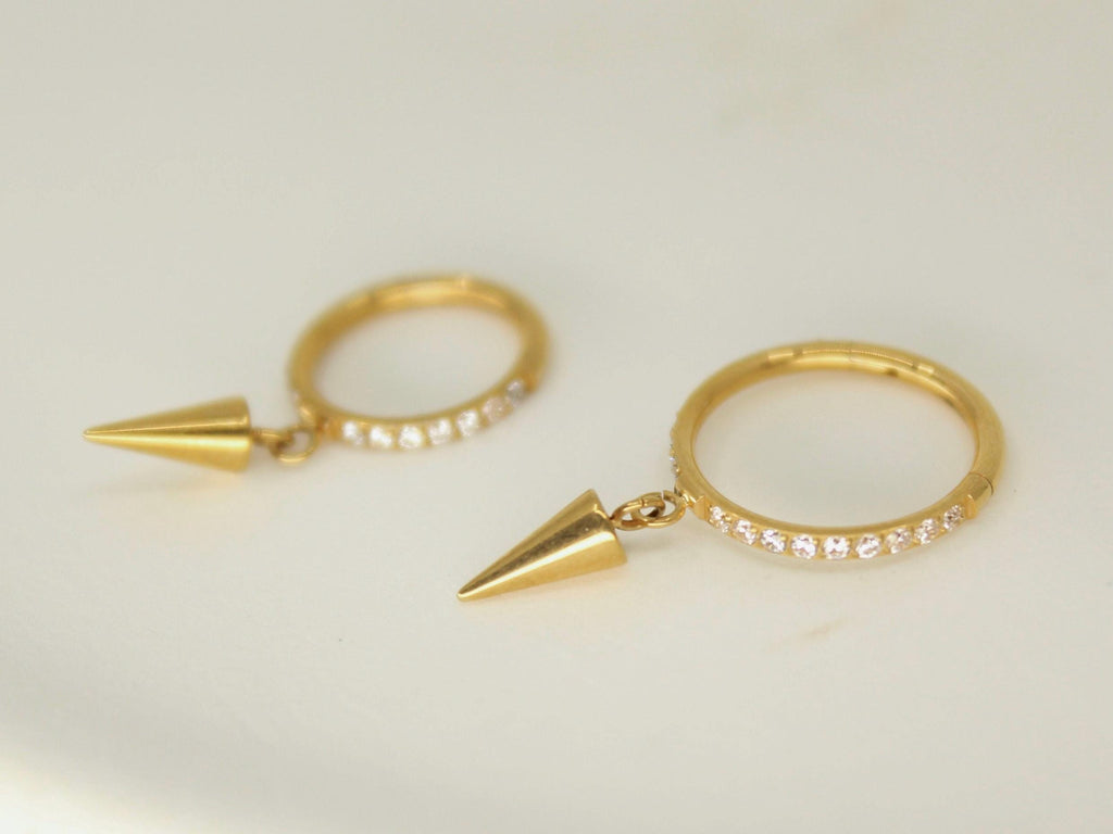 Gold Spike Dangle Hoop Ring, CZ Conch Hoop Clicker Ring, Conch Piercing Hoop Ring, Titanium Septum Daith Cartilage Piercing Earring