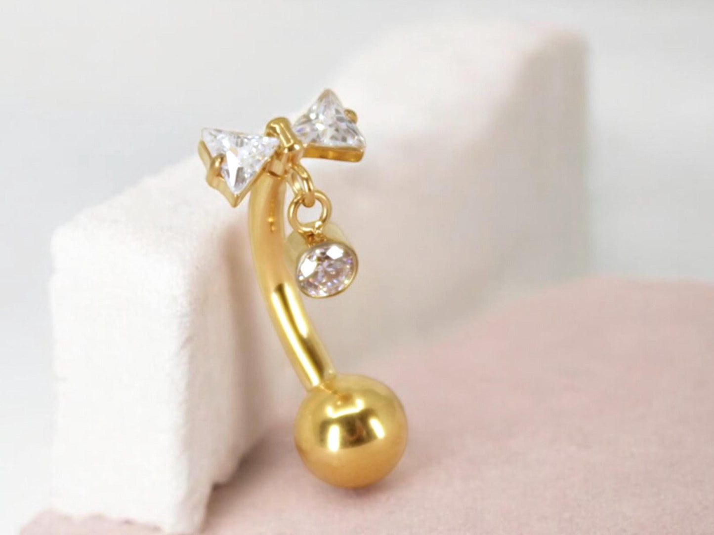 NEW Titanium Bow Dangling Stone Belly Button Ring, 14g Dainty Gold Crystal Push In Belly Piercing Jewelry, Threadless Navel Piercing