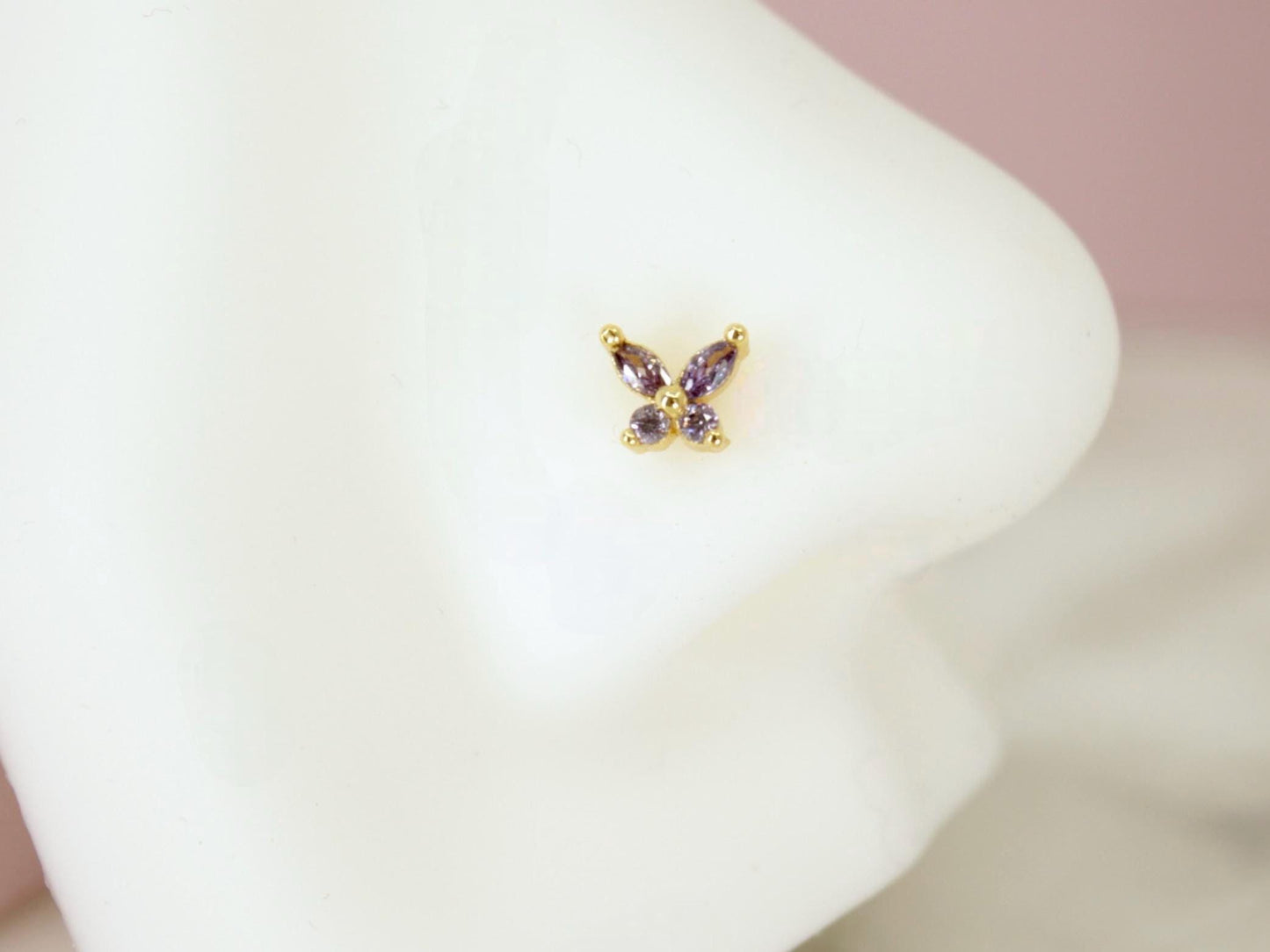 Dainty Butterfly Nose Stud, Purple Gemstone Nose Stud Ring, 20g Nose Piercing Jewelry, Gold Nose Hoop Stud Ring