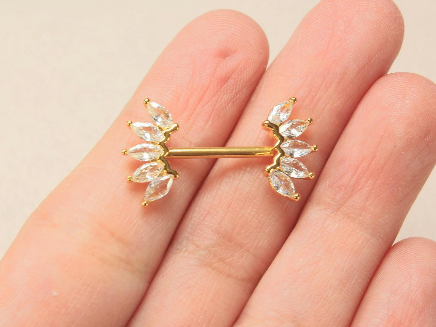 Gold Marquise Nipple Barbell, 14G Floral Petal Leaf Nipple Ring Jewelry, Pair of Leaf Nipple Piercing Jewelry, Gold Body Piercing Jewelry
