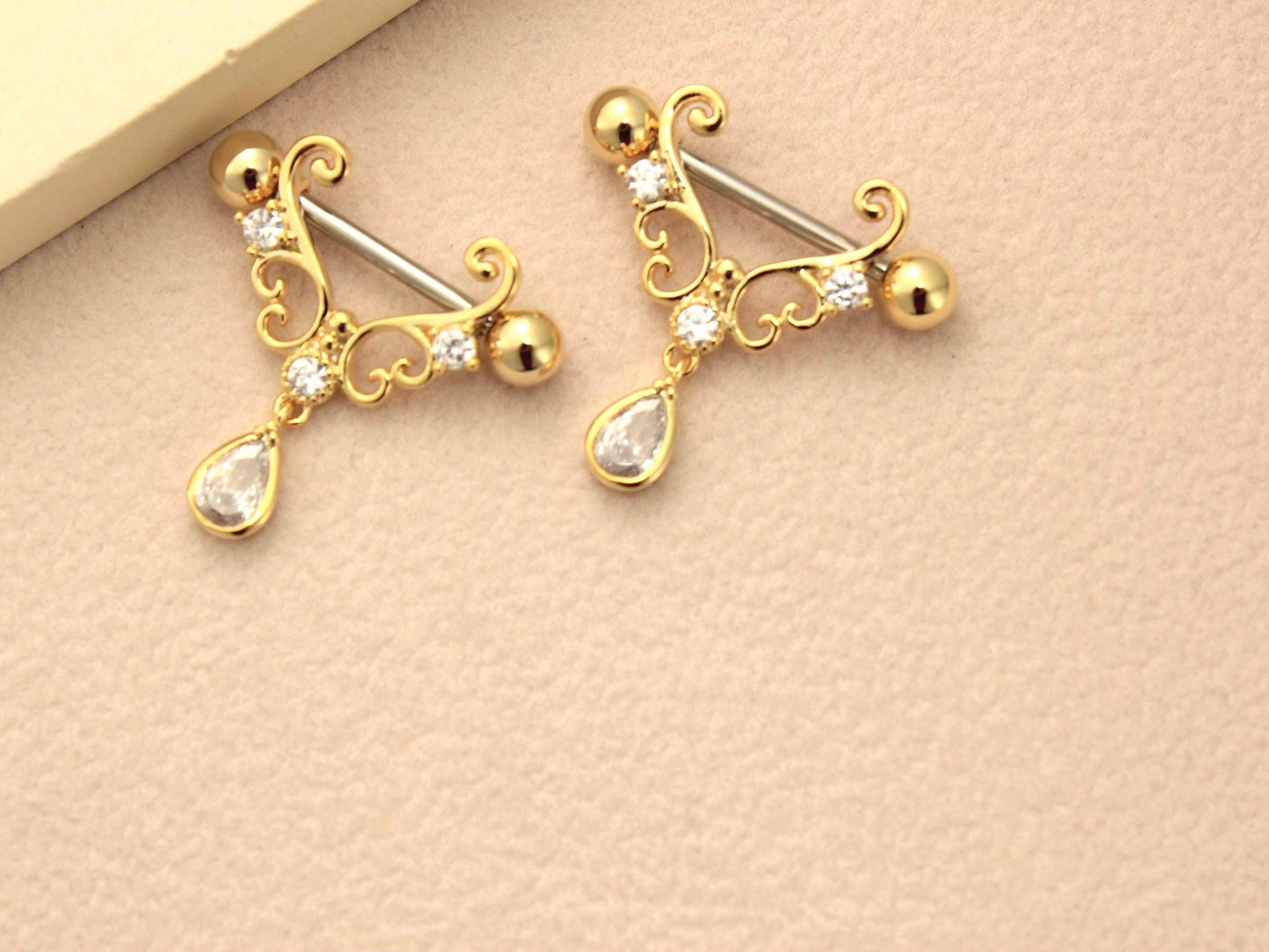 Gold Nipple Barbell Sheild, 14g Dangling Teardrop Heart Nipple Ring Jewelry , Pair of 2  Nipple Piercing, Gold Body Jewelry
