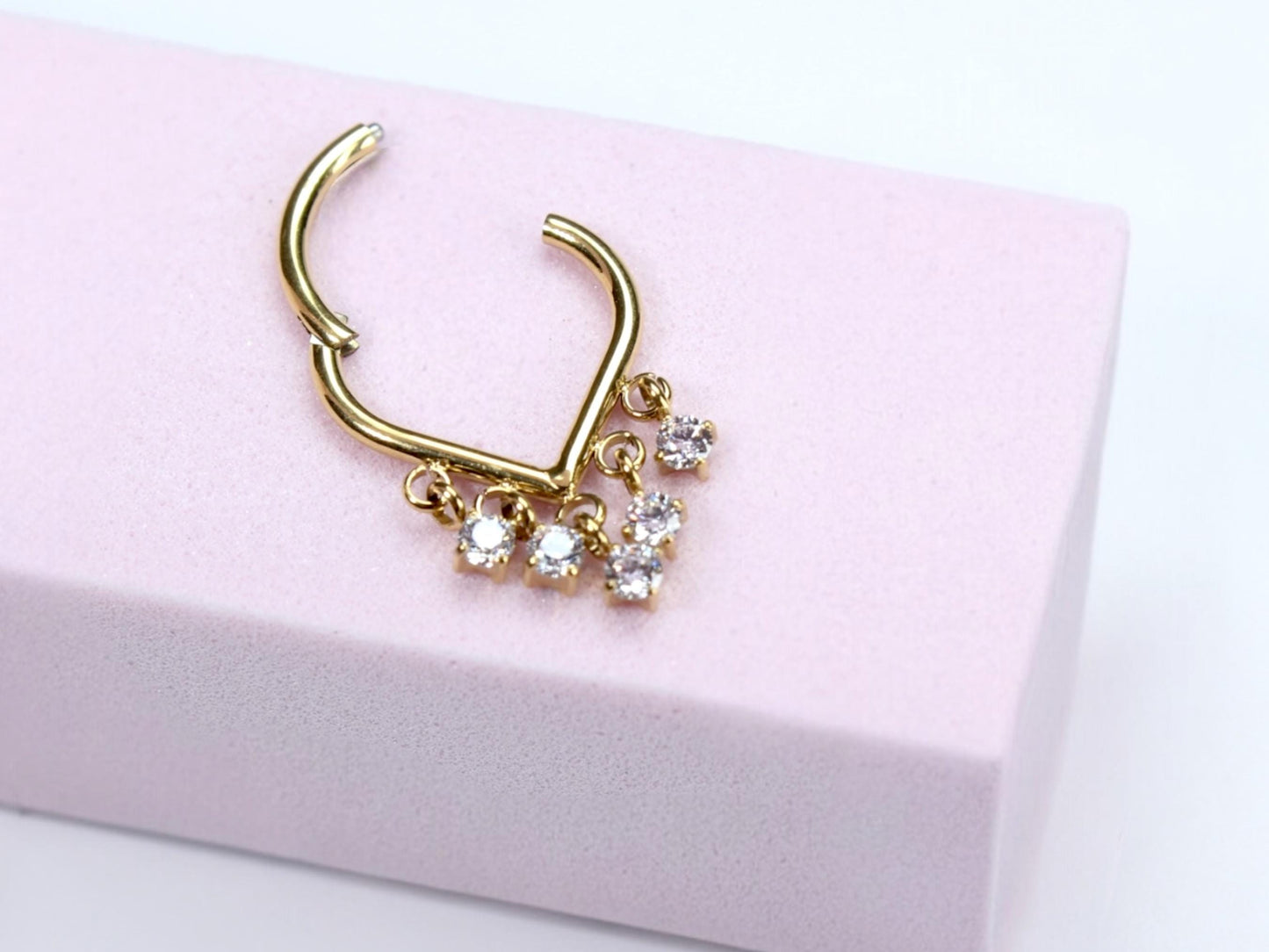 Titanium Septum Clicker Ring, 16g Gold Dangling Sparkle Gems Septum Hinged Clicker Hoop Ring, Dainty V Shape Septum Piercing, Nose Jewelry