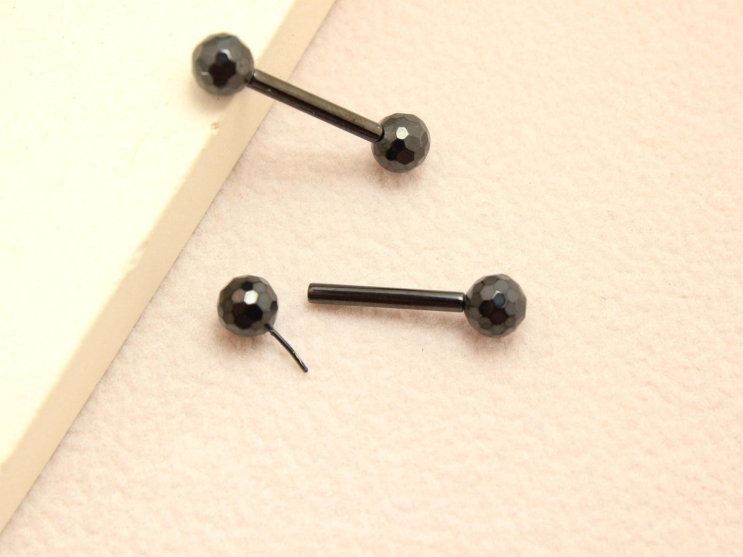 Black Titanium Threadless Nipple Barbell – 14G Disco Ball End Push-In Nipple Ring Set, Pair of Nipple Piercing Jewelry.