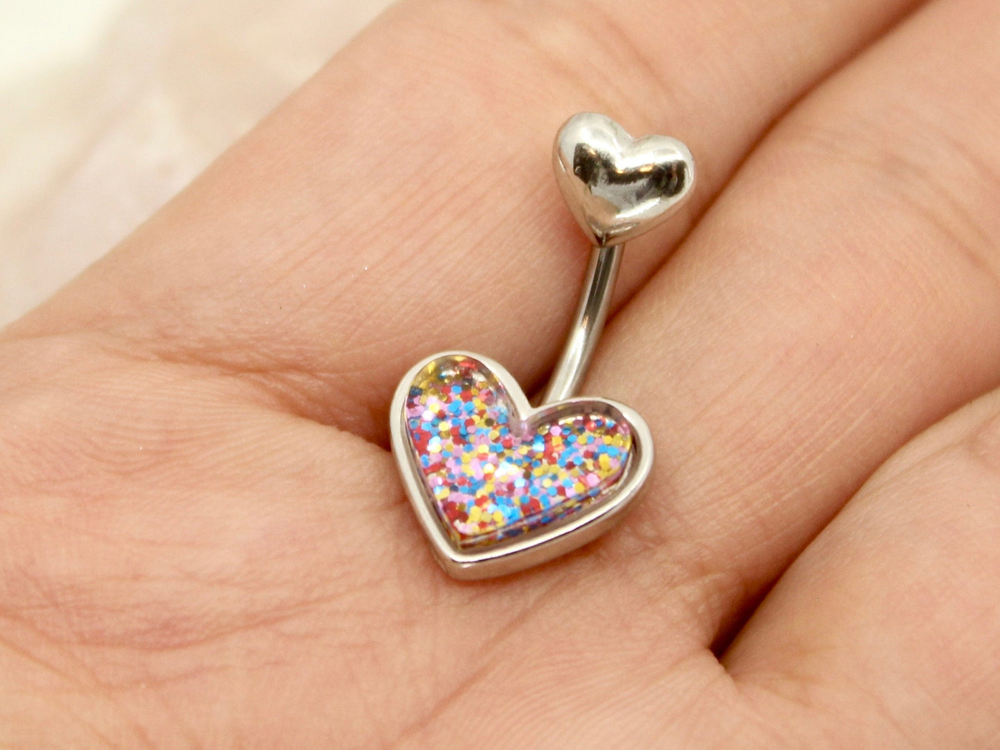 NEW • 14G Glitter Heart Belly Button Ring. Silver/Gold Resin Heart Navel Ring. Cute Belly Jewelry. Navel Piercing.
