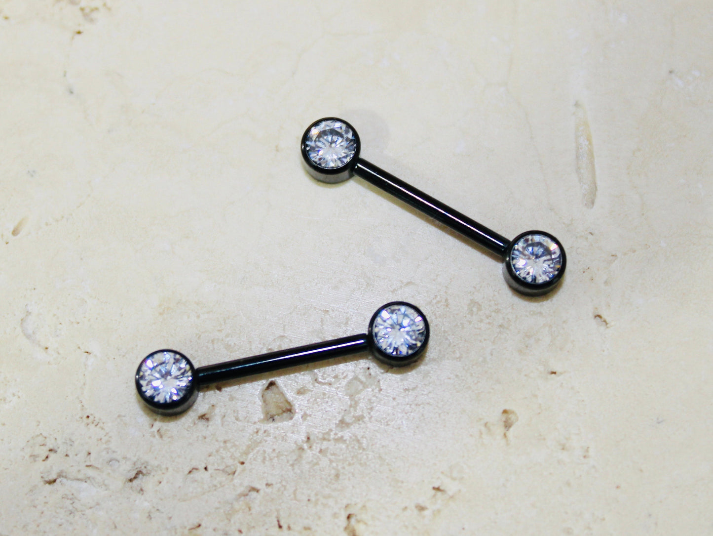 Internally Threaded Titanium Nipple Barbell, Bezel Set Flat Sparkle Gem Black Titanium Nipple Ring Jewelry