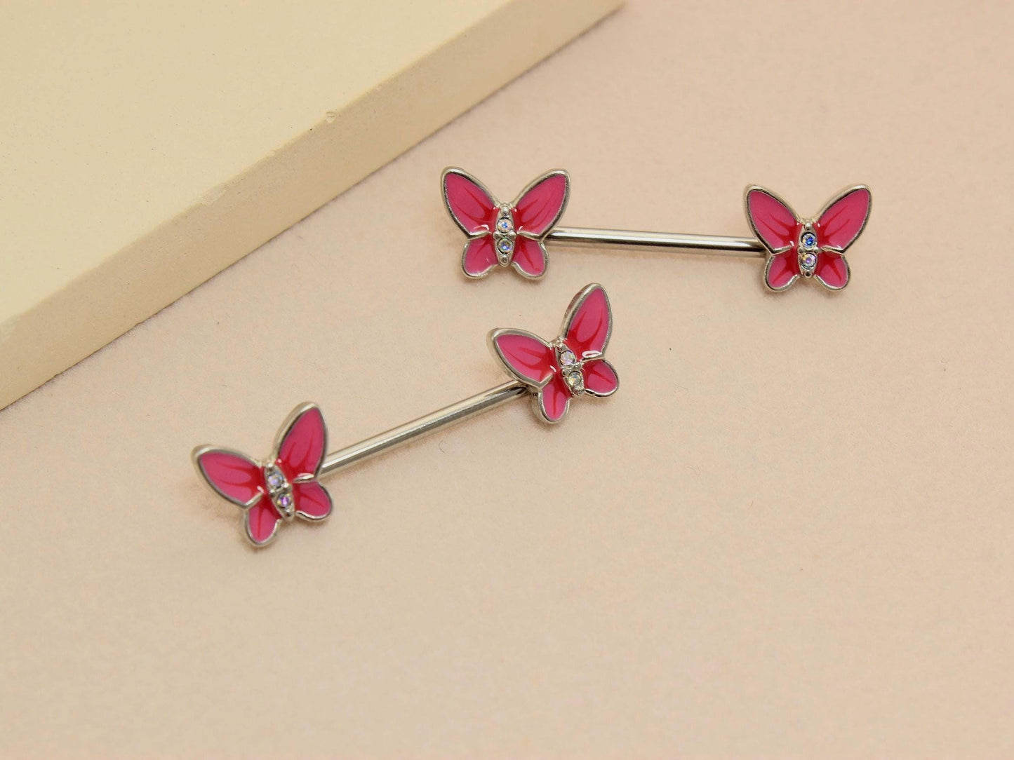 Butterfly Nipple Barbell Piercing, 14G Pink Butterfly CZ Stud Nipple Ring Jewelry, Pair of Butterfly End Screw Enamel Nipple Body Jewelry