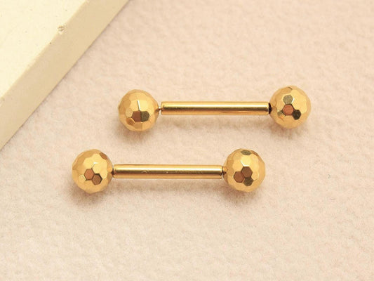 Implant Grade Titanium Gold Disco Ball Nipple Barbell, Pair of Threadless Push In Nipple Ring Jewelry