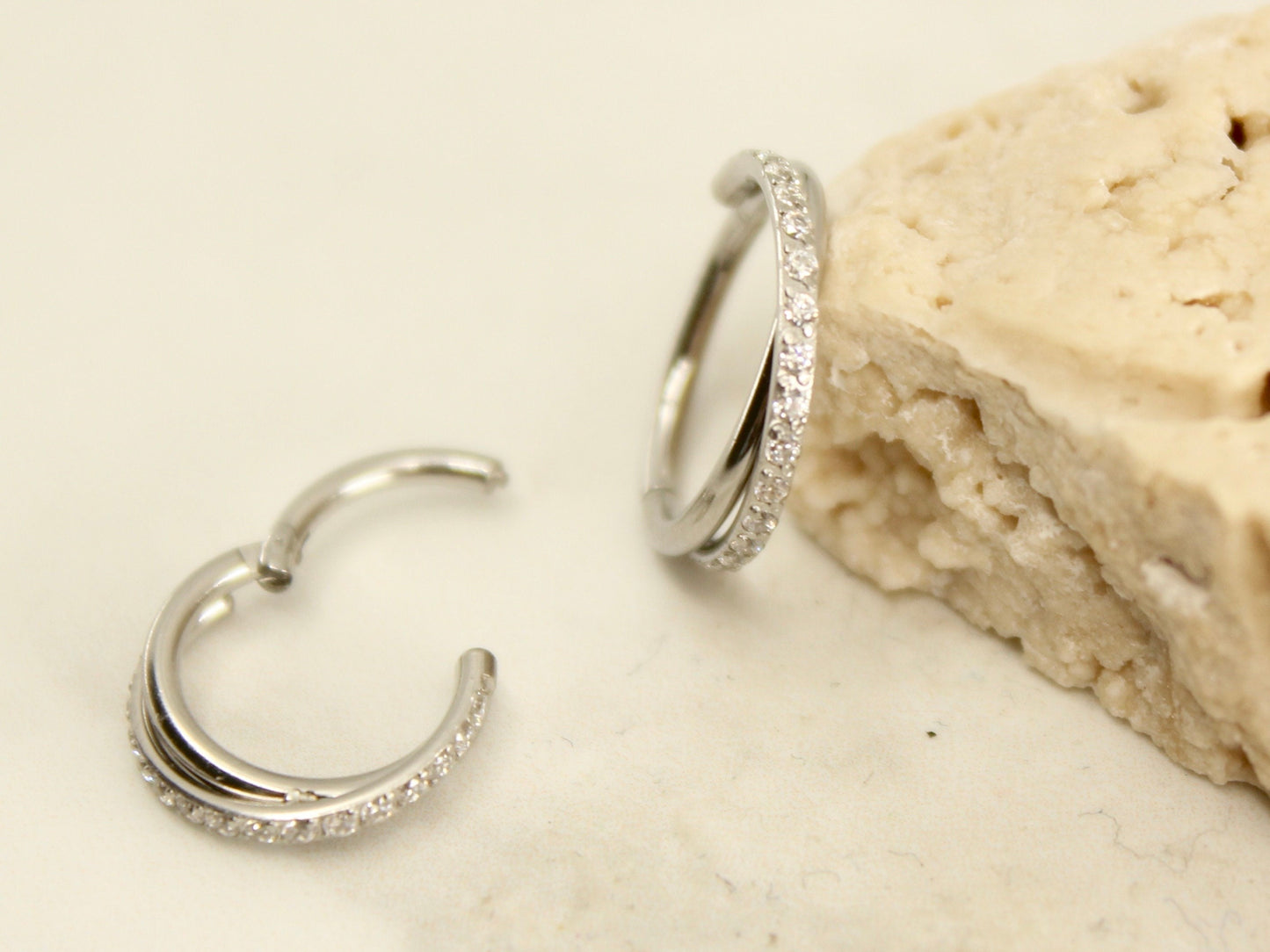 New • Silver Dainty CZ Paved Conch Ring Clicker, CZ Criscross Hoop Ring, Conch Clicker Hoop Ring, Septum Daith Cartilage Waterproof Earrings