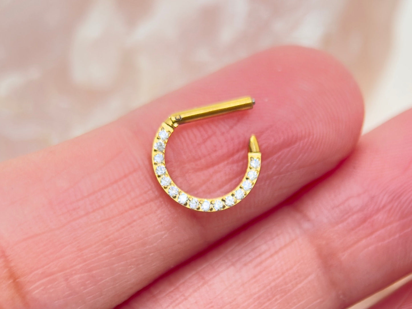 16g Dainty Titanium Gold Septum Hoop Ring, Single line Gems Minimal Look Septum Clicker Ring.