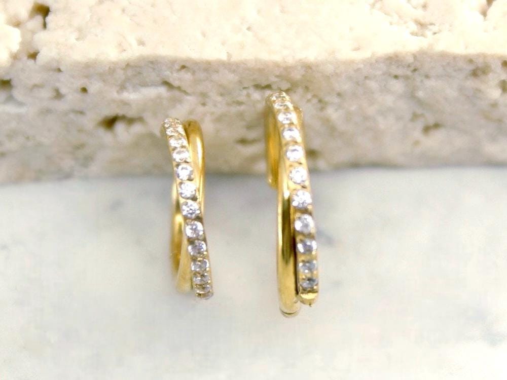 New • Gold Dainty CZ Paved Conch Ring Clicker, CZ Criscross Hoop Ring, Conch Clicker Hoop Ring, Septum Daith Cartilage Waterproof Earrings