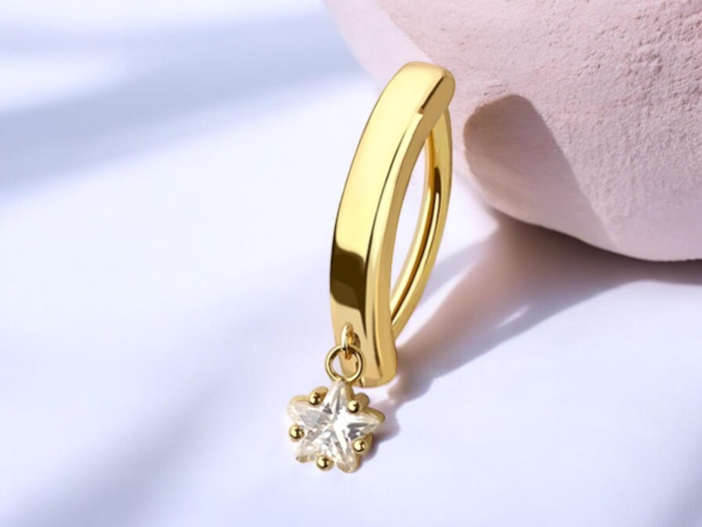 Gold Dangling Belly Button Ring, 14g Dainty Star Clicker Belly Ring, Navel Piercing Jewelry, Minimalist Belly Piercing Ring