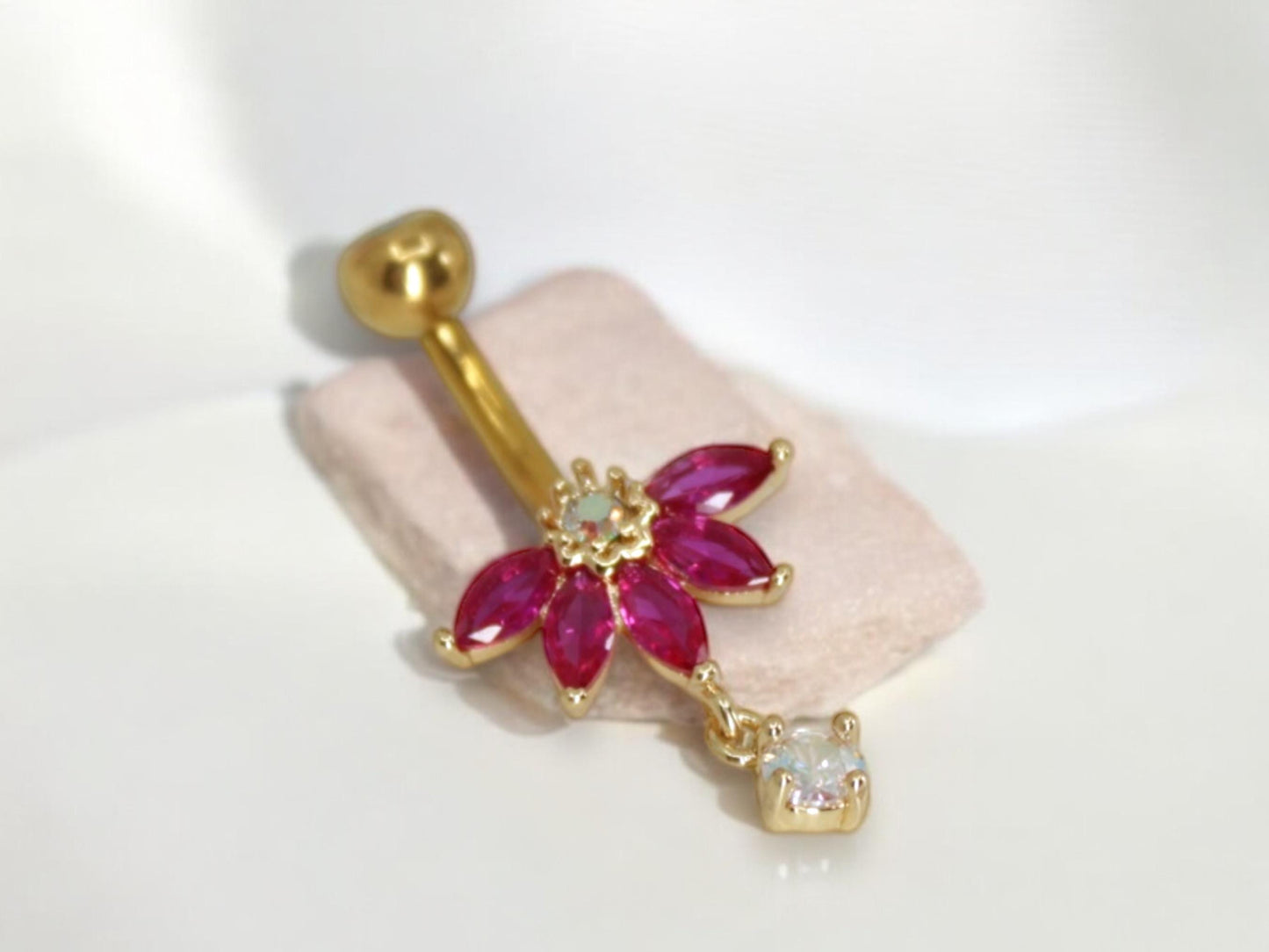 New • Floral Dangling Belly Button Ring, 14g Dainty Petal Decor Pink Marquise Gemstone Belly Ring Piercing Jewelry, Gold Navel Piercing