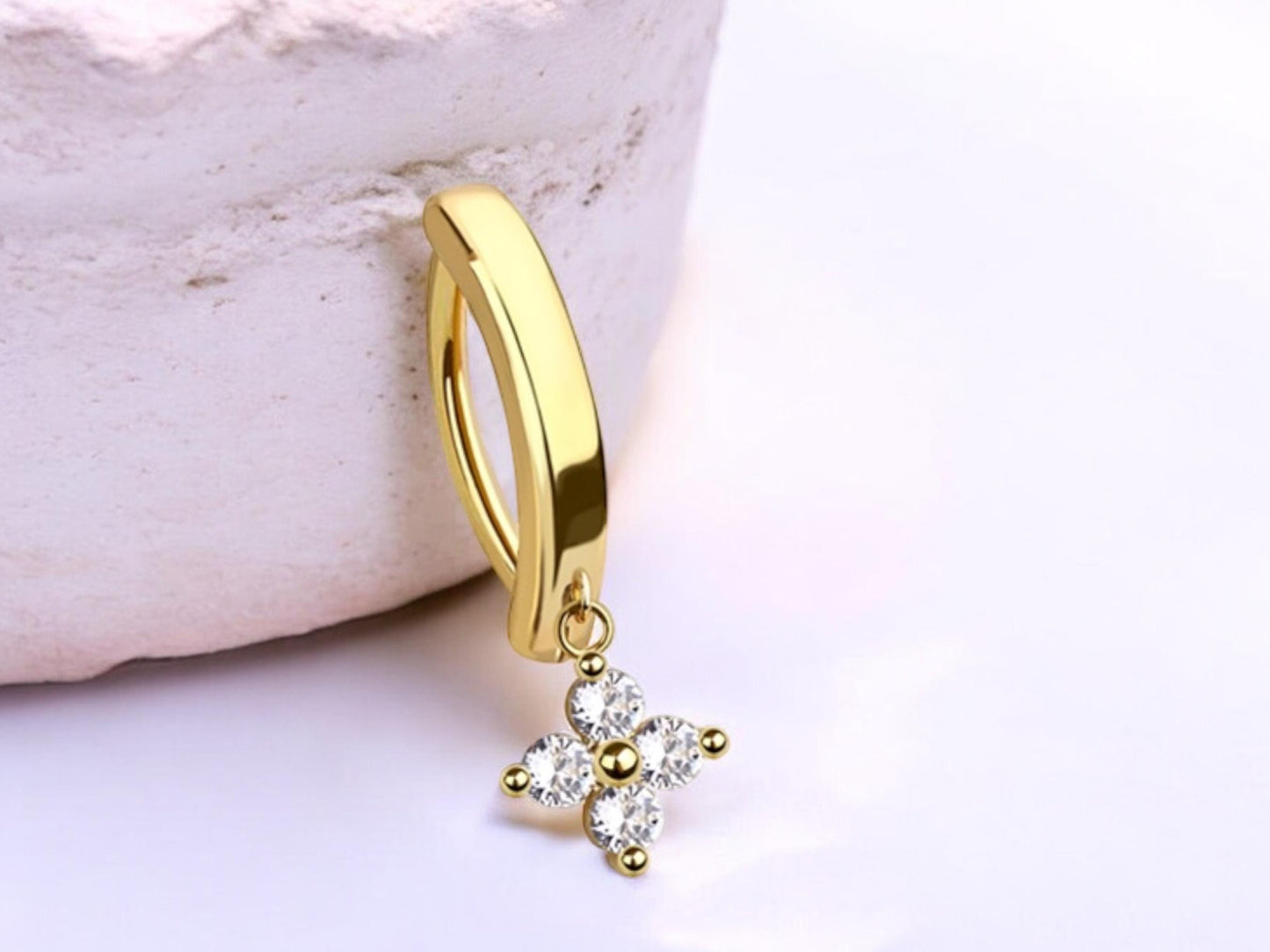Gold Dangling Belly Button Ring, 14g Dainty Dangling Flower Clicker Belly Ring, Navel Piercing Jewelry, Minimalist Belly Piercing Ring
