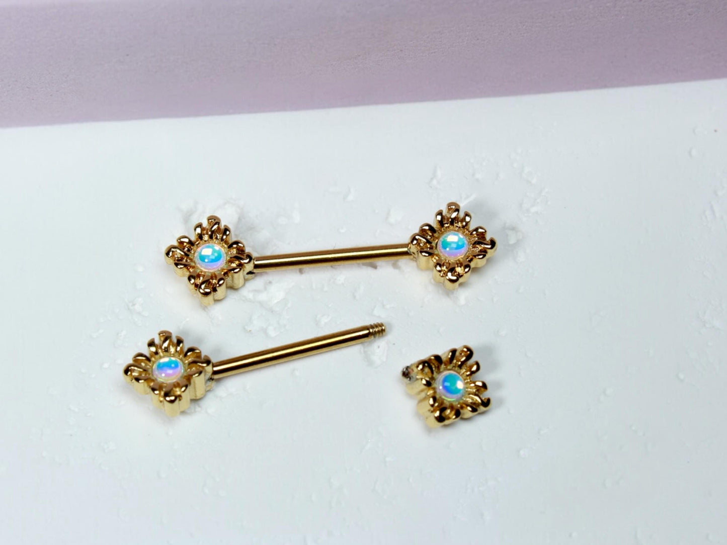 Gold Opal Nipple Barbell, 14G Sun Nipple Ring Piercing Jewelry, Set of 2 Nipple Body Jewelry,