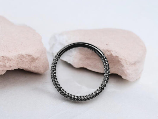 16g Black Septum Hoop Ring, Twisted Rope Style Hinged Hoop Segment Septum Clicker Ring Piercing, Nose Jewelry