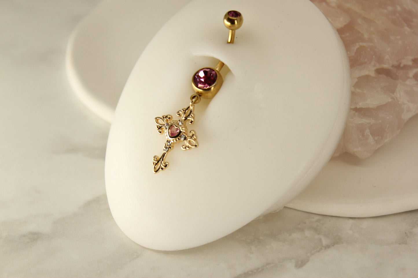 Cross Dangle Belly Ring, Hot Pink Gem Gold Dangling Cross Belly Button Ring Piercing Jewelry, Navel Ring Body Jewelry