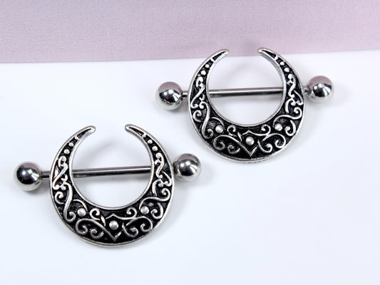 Antique Nipple Ring, Crescent Moon Decor Vintage Style Nipple Piercing Barbell, Nipple Jewelry, 14g Body Piercing Jewelry