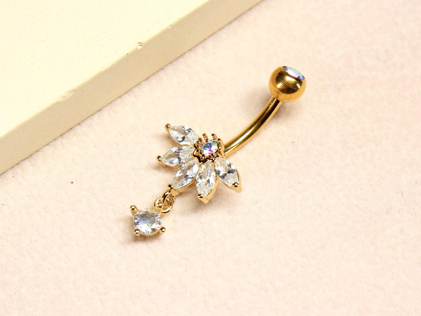 Gold Dangling Belly Button Ring, 14G Petal Leaf Decor Marquise Gemstone Belly Ring Piercing Jewelry, Gold Navel Piercing,Dainty Body Jewelry