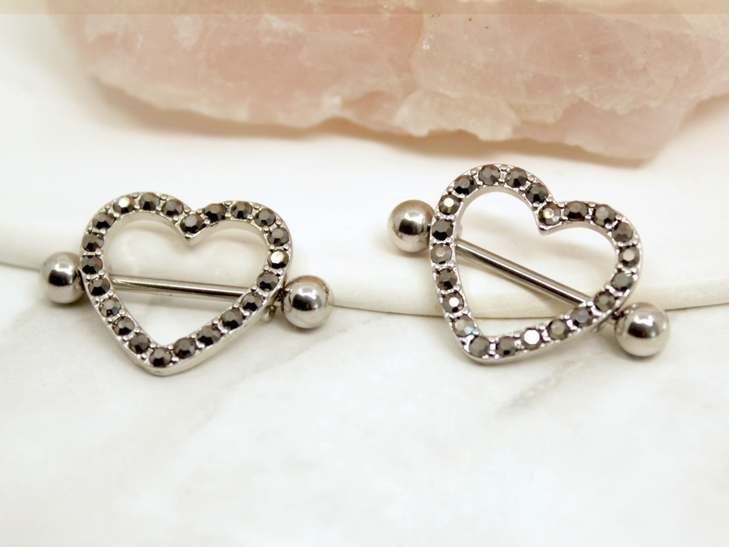 Black Heart Nipple Barbell, Heart Gems Nipple Shield Piercing Jewelry, 14G Silver Nipple Ring, Aesthetic Body Piercing Jewelry.