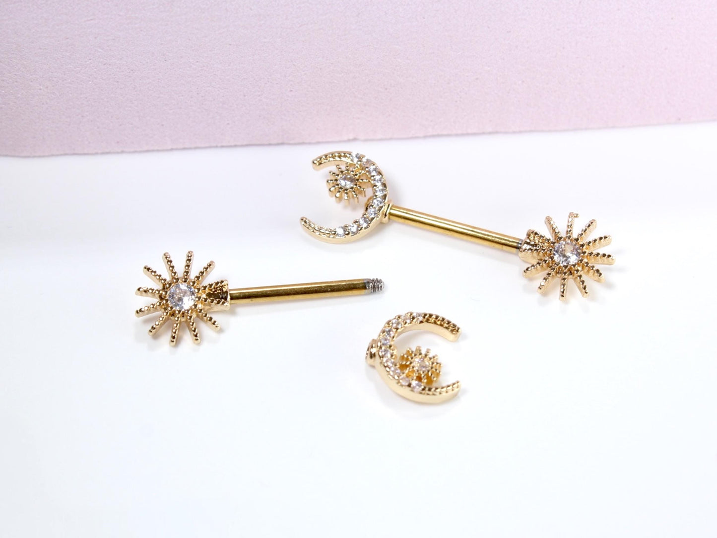 Gold Crescent Moon Nipple Ring, 14g Sparkle Gem Crescent Moon & Sun Nipple Piercing Barbell, Nipple Piercing Jewelry