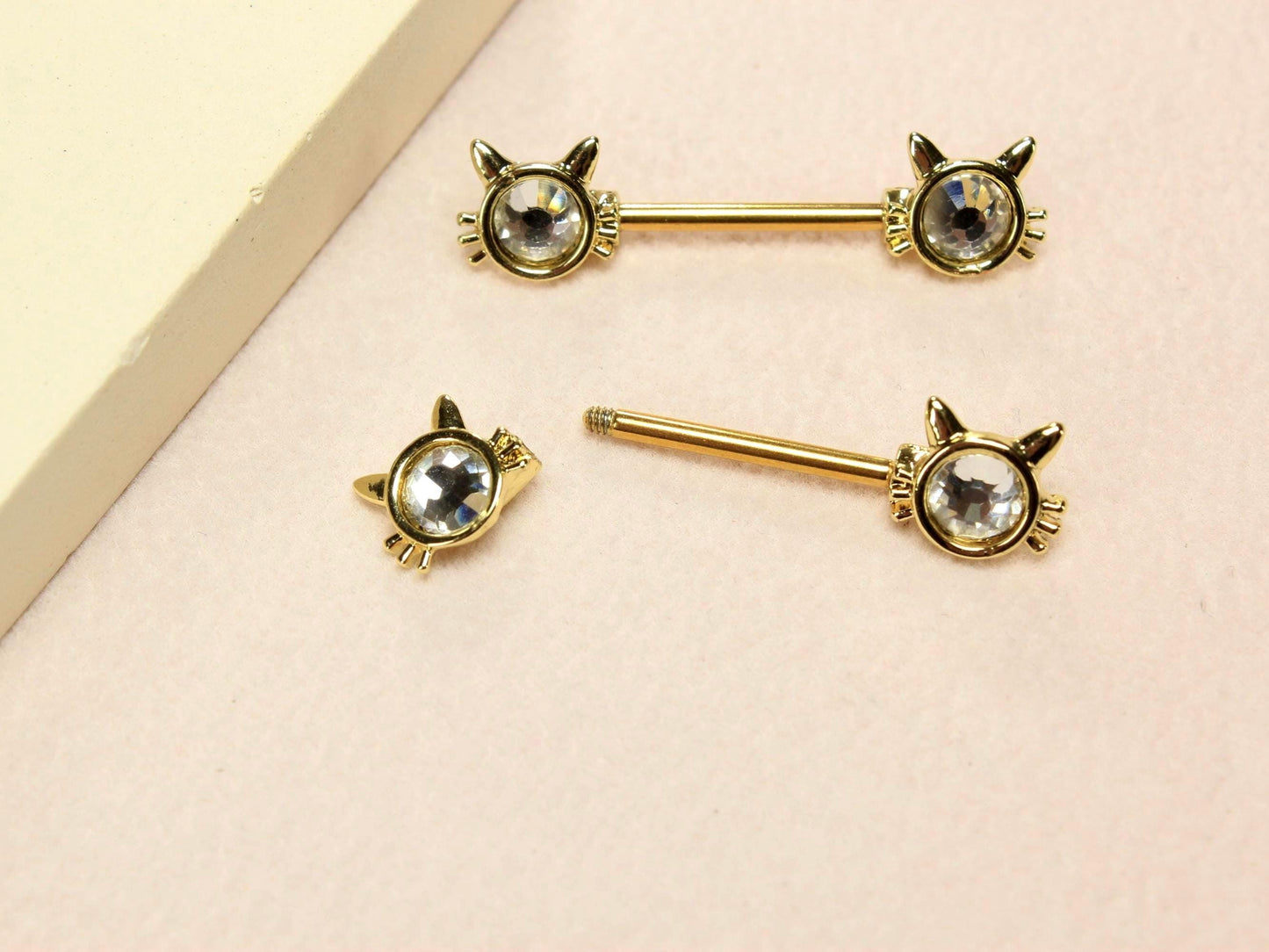 Gold Cat Nipple Barbell, 14G Kitty Face Nipple Piercing Ring, Pair of 2 Kitten Nipple Jewelry, Cat Jewelry, Body Piercing Jewelry