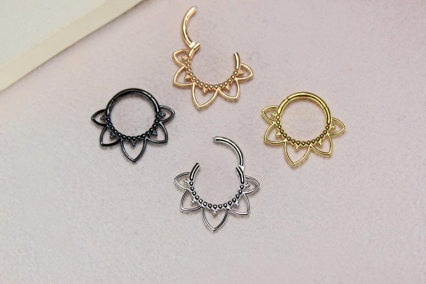 16g Titanium Lotus Septum Clicker Ring, 8mm 10mm Beaded Decor Floral Septum Nose Piercing, Gold Septum Hoop Ring Body Jewelry