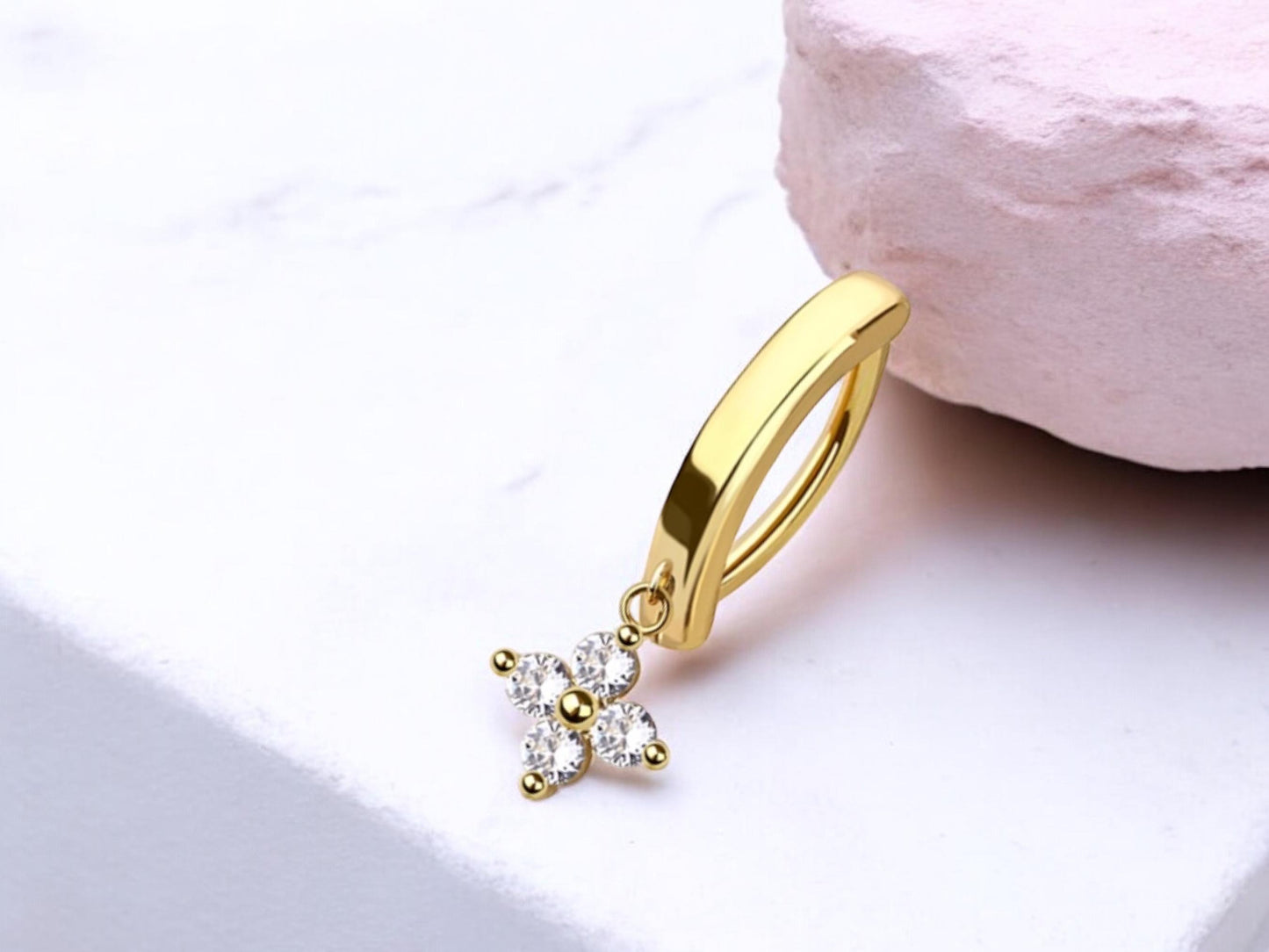 Gold Dangling Belly Button Ring, 14g Dainty Dangling Flower Clicker Belly Ring, Navel Piercing Jewelry, Minimalist Belly Piercing Ring